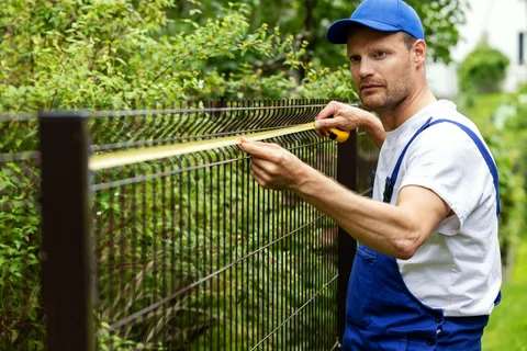 Worker taking fence measurements