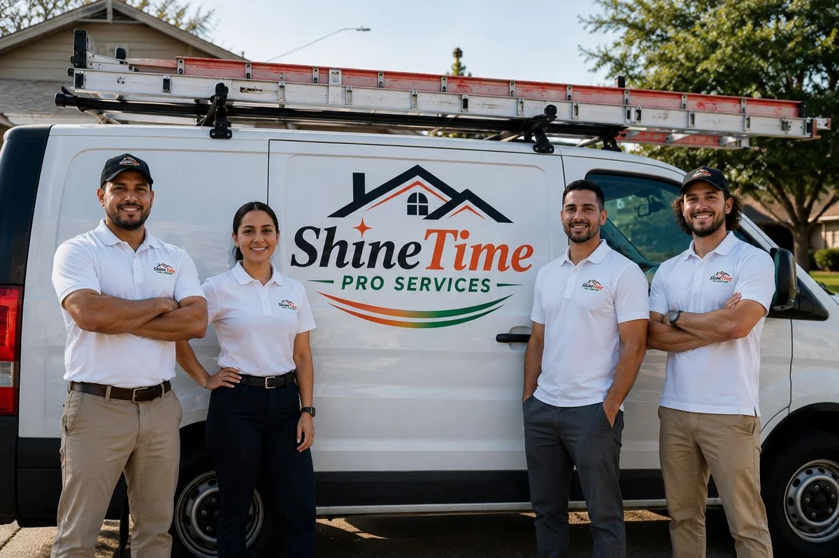 Four ShineTime Pro Services employees standing in front of their white work van with the company logo and ladder rack visible